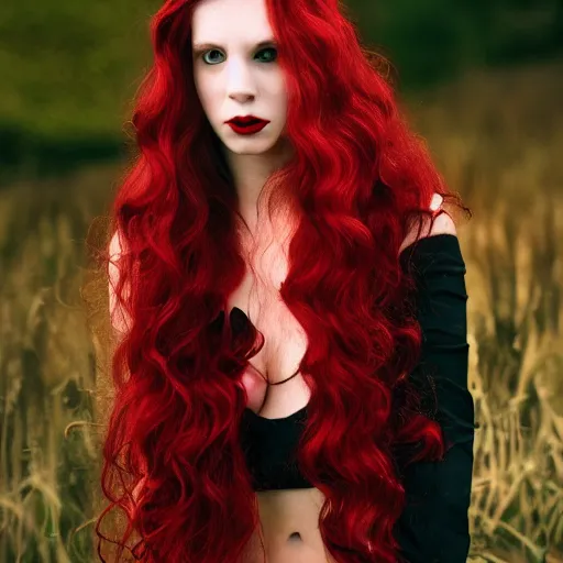Prompt: perfect glamour model, long red wavy hair, pale skin, dramatic, night, strong, photographic