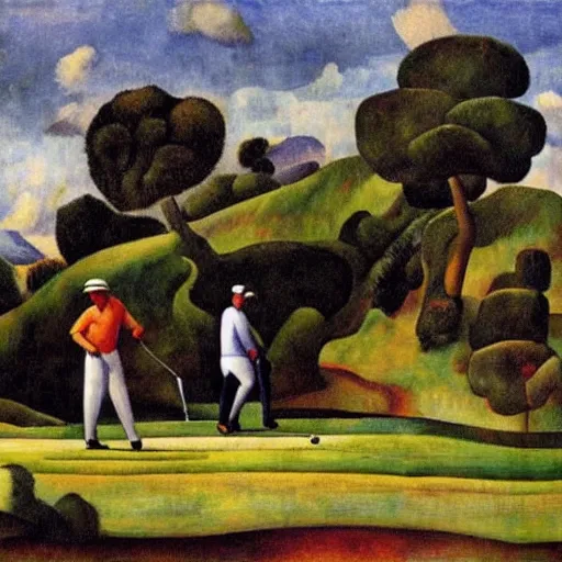 Image similar to Three golfers on a beautiful golf course, by Diego Rivera