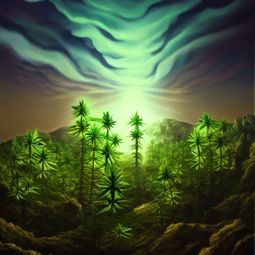 Image similar to a huge cannabis plant in a dark fantasy landscape. bioluminescence. godrays. volumetric light. acryl painting. trending on artstation.
