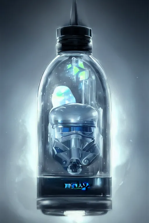 Image similar to concept art of a rolex - star wars white iridescent liquid dietary supplement in a transparent bottle with big black sticker on it by aenaluck, artgerm and roberto ferri and greg rutkowski, blue and white tones, digital painting, artstation, concept art, smooth, sharp foccus ilustration hq