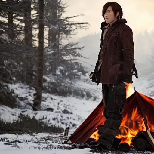 Image similar to a movie still from final fantasy live action, a traveler alone by the campfire in the sno, dieselpunk w