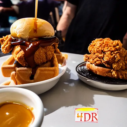 Image similar to fried chicken sandwich with Belgian Waffle Bun, maple syrup & hot fudge, ice cream on the side, 4K, HD