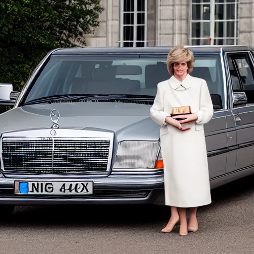 Prompt: award winning photograph of Princess Diana next to a silver Mercedes-Benz W140, Nikon D810, Sigma 35mm ƒ/2.5, award-winning, beautiful, photorealistic, detailed,