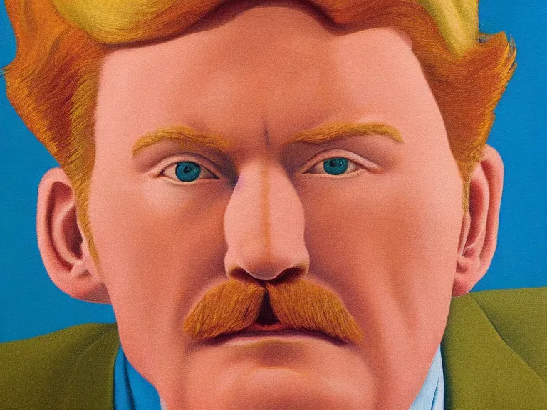 Prompt: Close-up portrait of Conan O'Brien , painting by René Magritte, high detail, high resolution