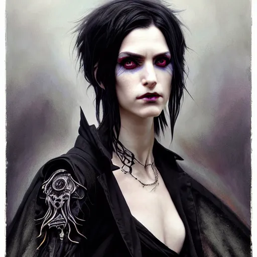 Image similar to portrait painting of an androgynous witch with shoulder length black hair pale skin and beautiful eyes wearing a punk clothes, ultra realistic, concept art, intricate details, eerie, highly detailed, photorealistic, octane render, 8 k, unreal engine. art by artgerm and greg rutkowski and magali villeneuve and alphonse mucha