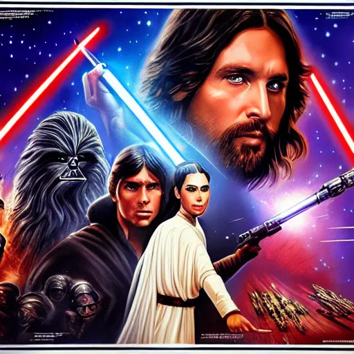 Image similar to super detailed star wars movie poster with Jesus Christ and kim kardashian, 8k full HD photo, cinematic lighting, anatomically correct, oscar award winning, action filled, correct eye placement,