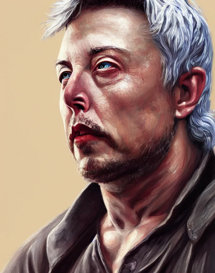 Image similar to painted portrait of rugged elon musk, asymmetrical, god of thunder, greek god, white hair, masculine, mature, handsome, upper body, muscular, hairy torso, fantasy, intricate, elegant, highly detailed, digital painting, artstation, concept art, smooth, sharp focus, illustration, art by steven zabata