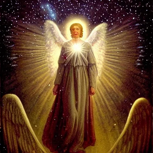 Prompt: renaissance hyper realistic painting of white angel!!! beautiful face, no gender!!!, miracle light coming overhead!!, a lot of stars overhead!!!, fire around the head!, by caspar david friedrich, misty space, sfumato, christianity, holography, glow effect, large strokes, soft shadow and light, highdetailed, white background