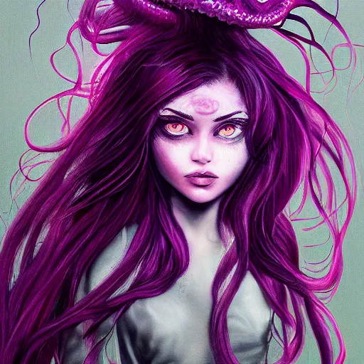 Prompt: artstation young girl with purple eyes and tentacles on her head in fury, very detailed, in glass town, portrait, high contrast