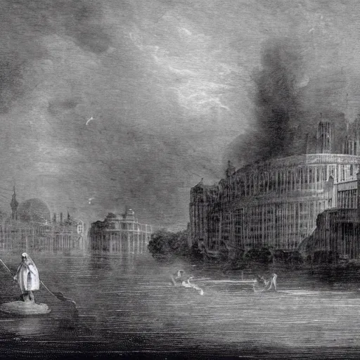 Image similar to charon on one end of a reaper boat and a london banker sitting on the other end on the river styxx with submerged buildings in the backround