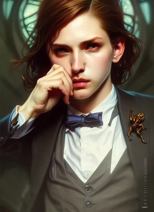 Prompt: overlord, wearing a suit, portrait, highly detailed, deep focus, elegant, digital painting, smooth, sharp focus, illustration, ultra realistic, 8 k, art by artgerm and alphonse mucha