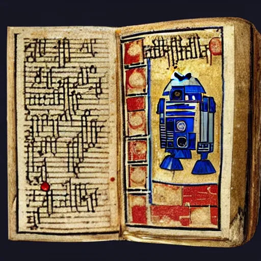 Image similar to a r 2 d 2 in a medieval manuscript, medieval manuscript, golden miniatures