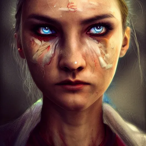 Image similar to I've had a rough day, healthcare worker, nurse, perfect eyes, full body shot, portrait, sad, tired, fantasy, beautiful face, medieval, vivid colors, elegant, concept art, sharp focus, digital art, Hyper-realistic, 4K, Unreal Engine, Highly Detailed, HD, Dramatic Lighting by Brom, trending on Artstation
