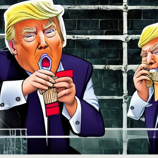 Image similar to donald trump eating an ice cream in his jail cell with other trump's wearing paper clothing