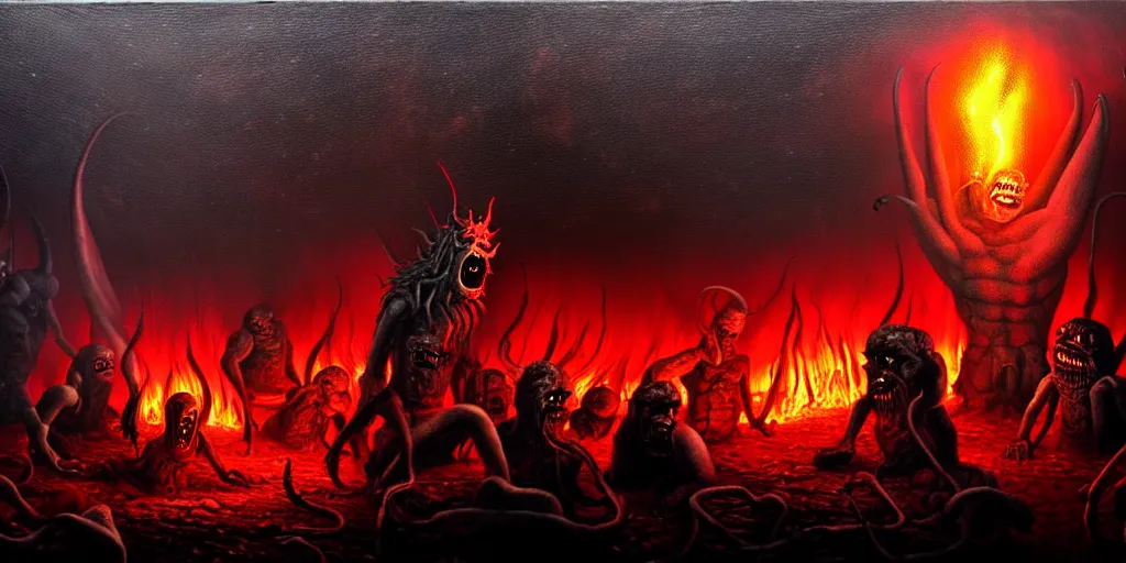 Image similar to repressed emotion creatures and monsters at the mouth of hell, dramatic lighting glow from giant fire, attempting to escape and start a revolution, in a dark surreal painting by ronny khalil