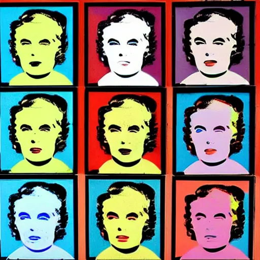 Image similar to old - style cyborg, 6 panels by andy warhol, with highly contrasted colors and an illuminating background