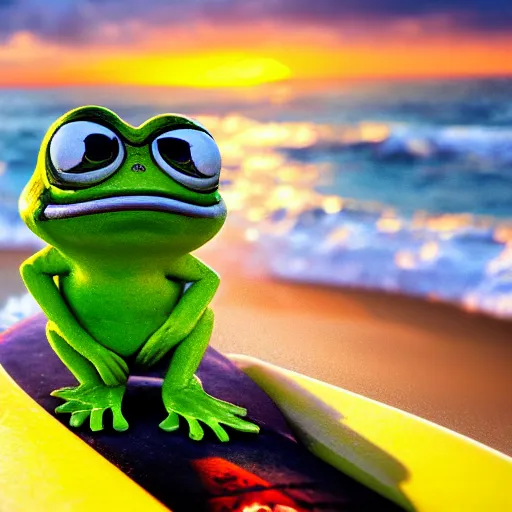 Prompt: a closeup photorealistic photograph of a cute pepe the frog on a surfboard surfing on the waves at sunset. surf in background. professional capture. brightly lit scene. this 4 k hd image is trending on artstation, featured on behance, well - rendered, extra crisp, features intricate detail, epic composition and the style of unreal engine