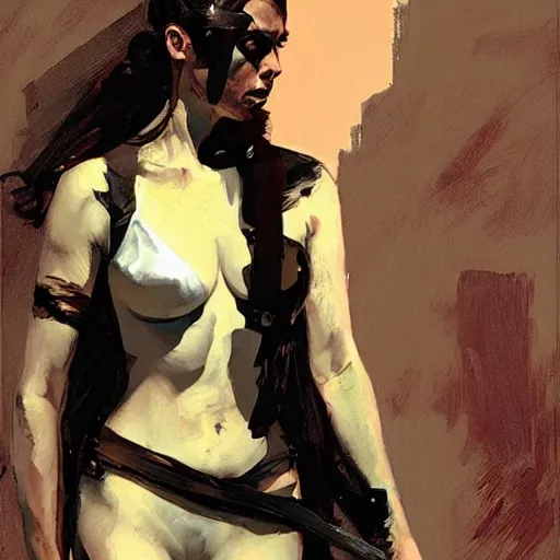 Image similar to alison brie as furiosa, intricate, elegant, highly detailed, greg manchess, mucha, liepke, ruan jia, jeffrey catherine jones, ridley scott