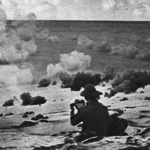 Image similar to a person takes a photo of an asteroid impact, taken on a ww 1 camera, dead people are floating in the ocean, the sky is filled with smoke.