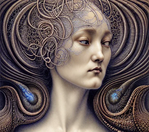 Image similar to detailed realistic beautiful moon goddess face portrait by jean delville, gustave dore, iris van herpen and marco mazzoni, art forms of nature by ernst haeckel, art nouveau, symbolist, visionary, gothic, neo - gothic, pre - raphaelite, fractal lace, intricate alien botanicals, ai biodiversity, surreality, hyperdetailed ultrasharp octane render