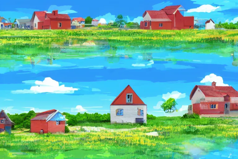 Image similar to rural houses sinking in the ground, clear blue sky, pop illustration, collage, anime style 4 k