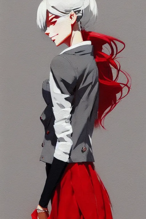 Image similar to a ultradetailed painting of a stylish woman wearing a grey jacket with red skirt, by conrad roset, greg rutkowski and makoto shinkai trending on artstation