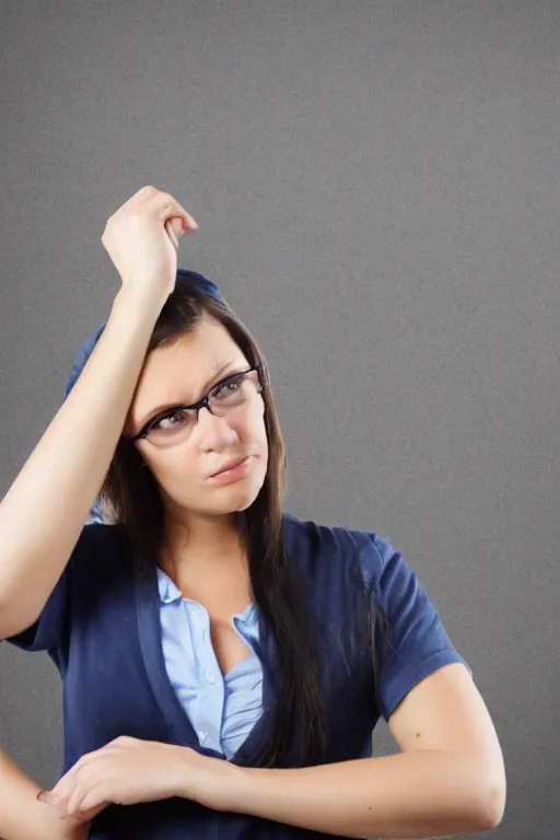 Image similar to professional photo of depressed teacher on backboard background, women, 2 5 year old, brunette, bib hairstyle, portrait, realistic, detailed