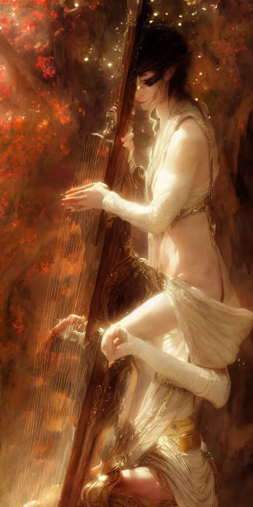 Image similar to beautiful fragile elf bard in robes, playing on a harp, masterpiece , cinematic, powerful, dramatic light, highly, intricate elements, detailed, digital painting, artstation, concept art, sharp focus, illustration, dynamic by Edgar Maxence and Ross Tran and Michael Whelan art by Livia Prima, Mitch Foust, Frank frazetta