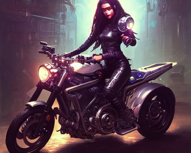 Image similar to teenager with cyberpunk motorcycle, deep focus, d & d, fantasy, intricate, elegant, highly detailed, digital painting, artstation, concept art, matte, sharp focus, illustration, hearthstone, art by artgerm and greg rutkowski and alphonse mucha