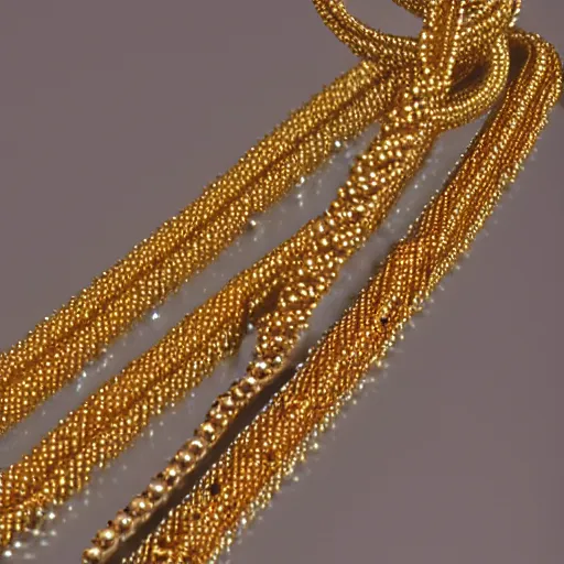 Image similar to a studio photoshoot of a Gold Beaded Chain with 12 beads, designed by Tom Sachs, realistic, color film photography by Tyler Mitchell, 35 mm, graflex