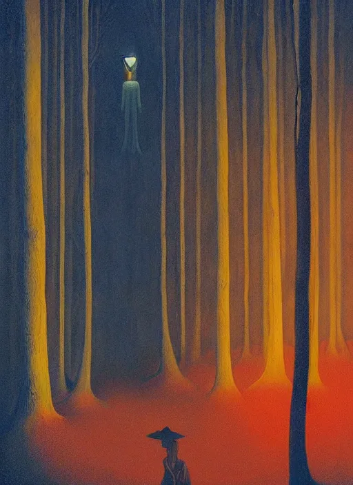 Prompt: faceless slim woman in a night forest with a torch Edward Hopper and James Gilleard, Zdzislaw Beksinski highly detailed