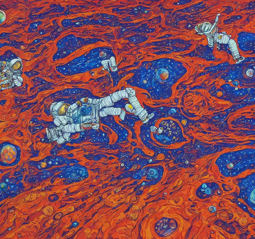 Prompt: astronaut laying on mars, hand painted, detailed, acrylic, trippy, dmt, psychedelic, abstract, shrooms, acid, astral, realistic,