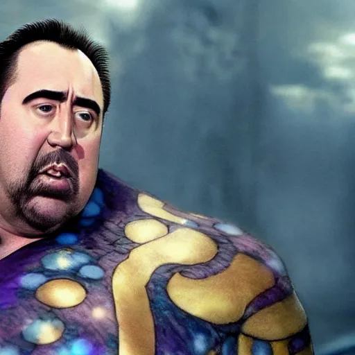 Image similar to a fat nic cage playing thanos hd digital photography, movie still