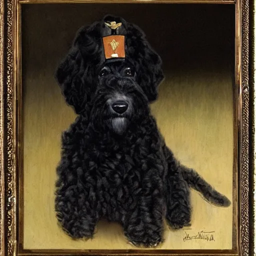 Prompt: Black Goldendoodle with a bright face wearing a Napoleon Era Military Uniform looking melancholy, Norman Rockwell style