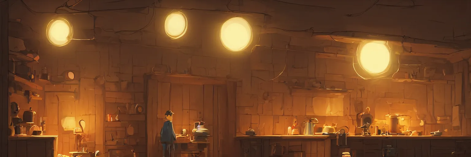 Image similar to epic illustration of a wooden kitchen dim lit by 1 candle doubly so by Goro Fujita and Simon Stalenhag , 8k, trending on artstation, hyper detailed, cinematic 'fisheye lense'!!!!!!!!!