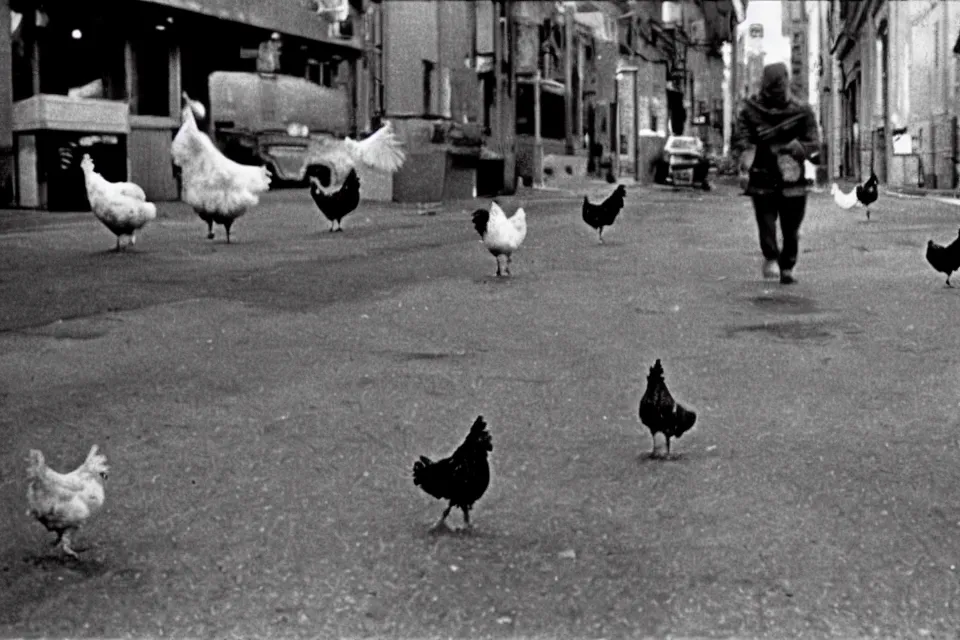 Prompt: still image taken from sci fi horror movie of chickens and monsters appear in the city. low camera angle. 1 9 6 0.