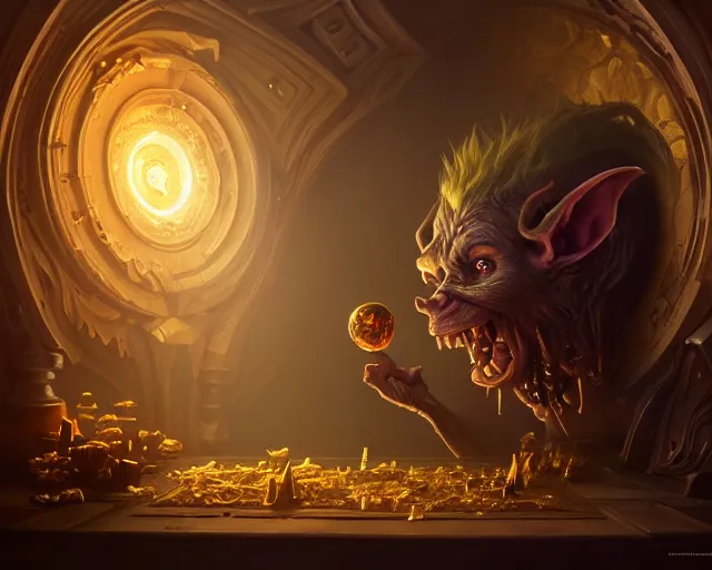 Image similar to a 4 k cinematic screenshot still portrait of a goblin in a dark liminal space room surrounded by gold, deep focus, d & d, fantasy, intricate, elegant, highly detailed, digital painting, art station, concept art, matte, sharp focus, illustration, dark fantasy style art, hearthstone, art by artgerm and greg rutkowski and alphonse mucha