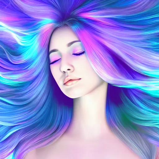 Prompt: portrait of a beautiful girl with iridescent translucent hair, her eyes are closed, hair is floating, digital art, ethereal, dim lighting