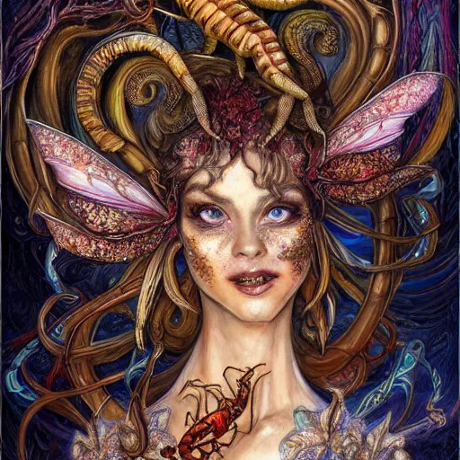 Prompt: portrait of a scorpion fairy, fantasy, whimsical, horror, art by josephine wall and and hr geiger and chengwei pan, intricately detailed, highly detailed, luxurious, elegant, clean, unsettling, trending on artstation