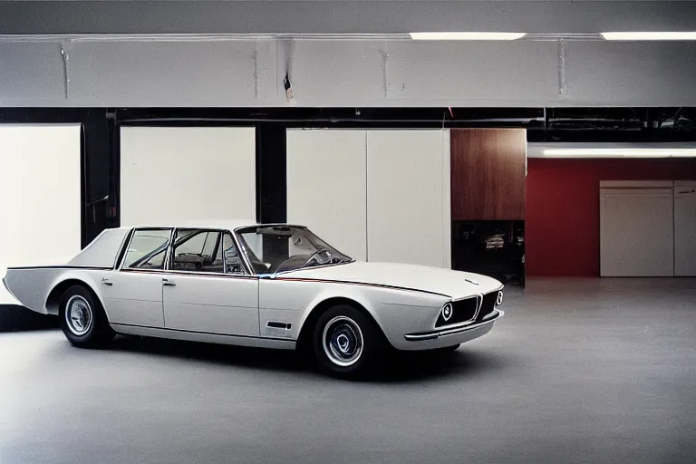 Prompt: single Formula 1, 1964 BMW M1 Lincoln Continental, inside of a minimalist Tokyo garage, ektachrome photograph, volumetric lighting, f8 aperture, cinematic Eastman 5384 film