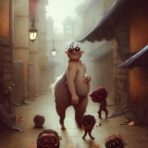 Image similar to little crazy monsters, furry creatures, monster emotional monsters and creatures in the city alleyway, wrestling each other in the style of Johfra and Shaun Tan, By Ruan Jia and Artgerm and Range Murata and WLOP and Ross Tran and William-Adolphe Bouguereau and Beeple, Fantasy Illustration. award winning, Artstation, intricate details, realistic, Hyperdetailed, 8k resolution.