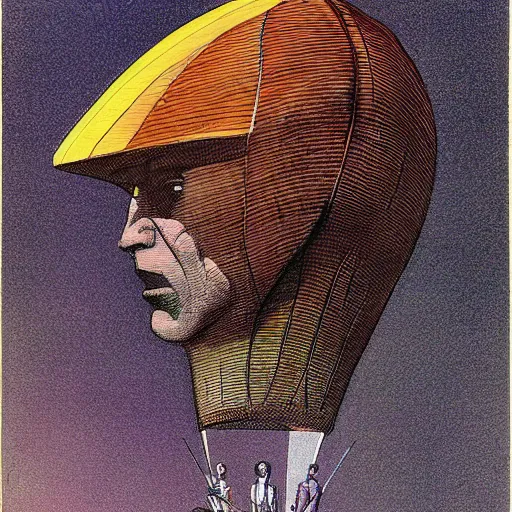 Prompt: Giant Spaceship in the shape of Jeff Bezos' head concept art by moebius, 1970s sci-fi illustration