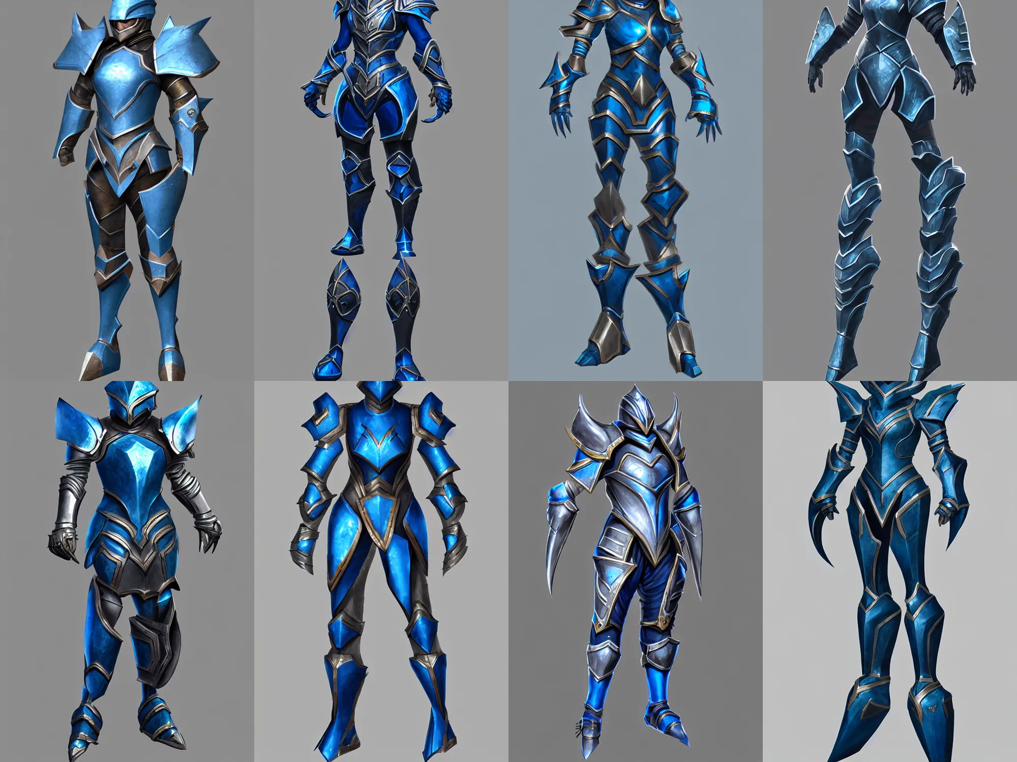 Prompt: legendary armor, steel with thin blue trim, extremely polished, exaggerated proportions, trending on polycount, fantasy character portrait, professional concept art, front view, A-pose, full body