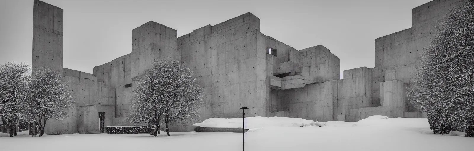 Image similar to snow falling on brutalist monastery, the monastery is on top of a black snowy mountain, the concrete monastery has walkways, skybridges, stairways, white marble statues on pedestals in the background, depth of field, sharp focus, clear focus, beautiful, award winning architecture, hopeful, quiet, calm, serene