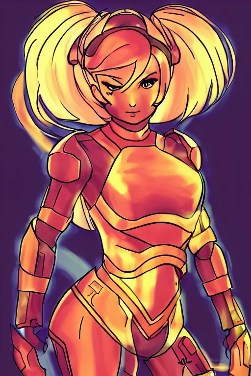 Image similar to Ariana Grande cosplaying as Samus Aran, golden hour, by greg Rutkowksi