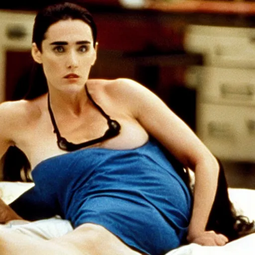 Prompt: Jennifer Connelly laying on the bed in American Psycho (1999)