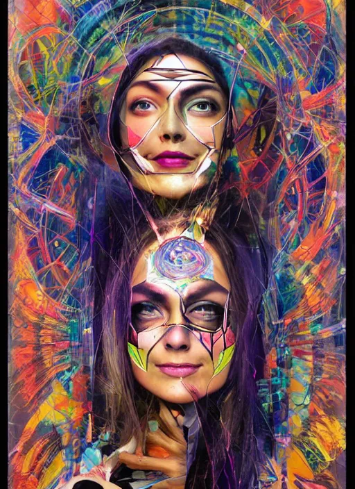 Image similar to collage of gorgeous magic cult psychic woman smiling, third eye, energetic consciousness psychedelic, epic surrealism expressionism symbolism, story telling, iconic, dark robed, oil painting, symmetrical face, dark myth mythos, by Sandra Chevrier, Noriyoshi Ohrai masterpiece cutout layering