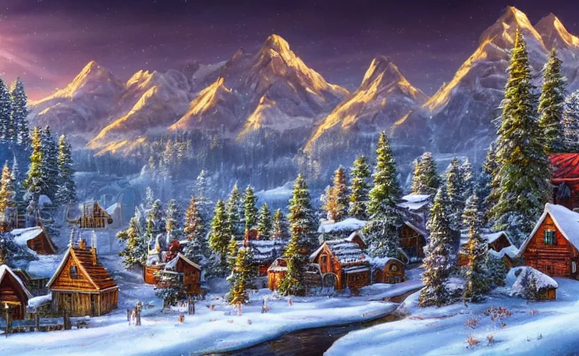 Image similar to snowy northern frontier town, tall pine forest and moutains, fantasy art