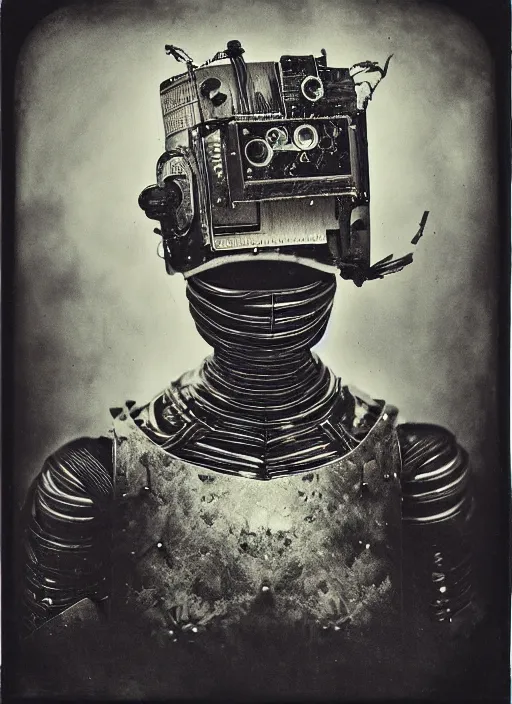 Image similar to old wetplate daguerreotype portrait of futuristic robot, dubbel negative exposure, explosion of data fragments, shallow dept of field, fractal, intricate, elegant, highly detailed, parallax, leica, medium format, subsurface scattering, by jheronimus bosch and greg rutkowski and louis jacques mande daguerre