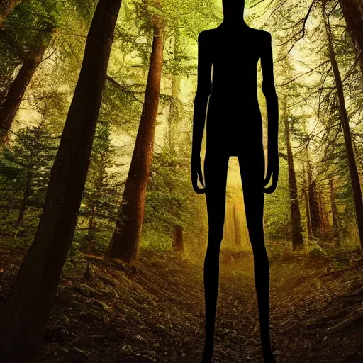 Image similar to tall skinny humanoid creature with no face standing between the trees in a forest at night, realistic, high details, 4 k
